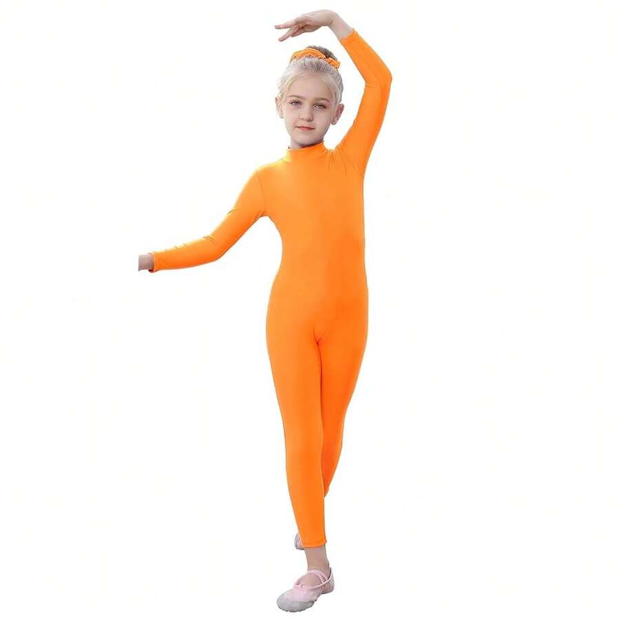 YgneeDom Kids Girls One Piece Spandex Unitards, Long Sleeve Turtleneck Unitard, Full Body Catsuit, Dance Leotard Costumes{"Color_name":"Orange","Size_name":"Small"} - 橘子 - 查看 1