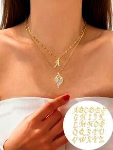 1pc Double Layer Copper Zirconia Stone Leaf & Letter Pendant Stainless Steel Necklace, Elegant & Versatile Choker Necklace, Suitable For Daily Wear, Best Gift For Women