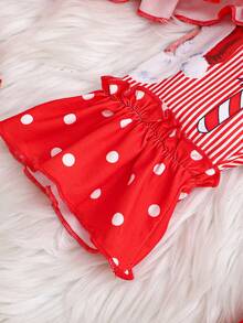 2pcs/Set Baby Girls Casual Christmas Santa Claus Polka Dot & Striped Pattern Soft Comfortable Flare Sleeve T-Shirt And Flare Pants Set - Red - View 6