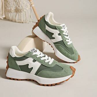 女士简约训练鞋，复古系带圆头橡胶底运动鞋，低帮休闲运动鞋，系带圆头步行鞋