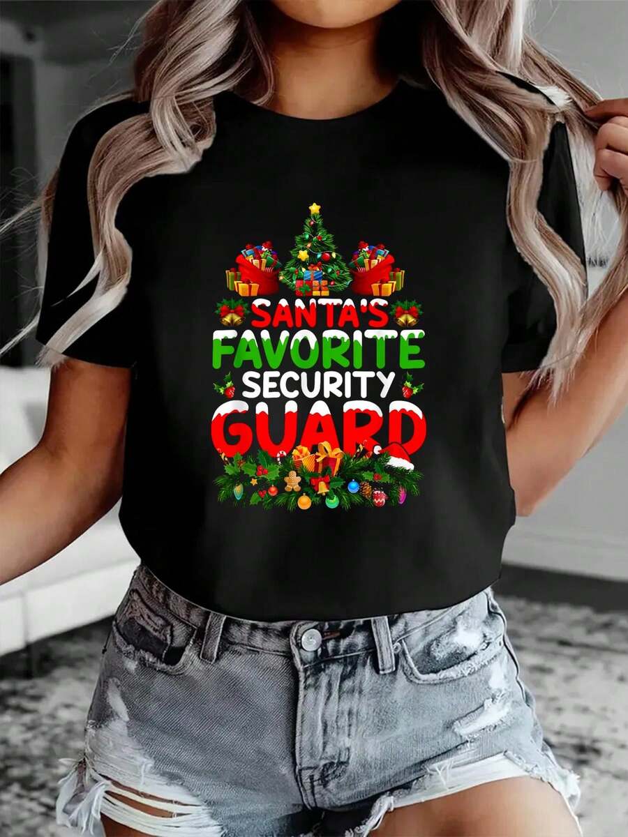 100% Cotton Women Christmas T-Shirt Lighting Christmas Santa's Favorite Security Guard Xmas T-Shirt - màu đen - Xem 1