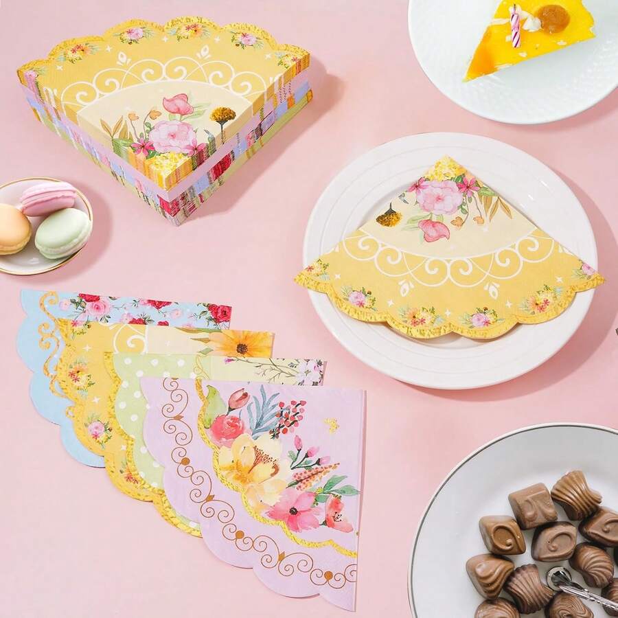 Floral Tea Party Napkins, 100 Pcs Scalloped Guest Paper Napkins For Wedding Bridal Shower Baby Shower Tea Party Decorations - Multicolor - View 1