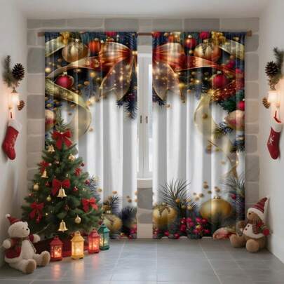 2 peças de cortinas de Natal - feitas de tecido de poliéster macio, semitransparente, com decorações natalinas como bolas coloridas, laços, galhos de pinheiro, etc., perfeitas para salas de estar, quartos, cozinhas, escritórios ou cafeterias (exceto postes), com impressão 2D para cortinas de Natal para sala de estar