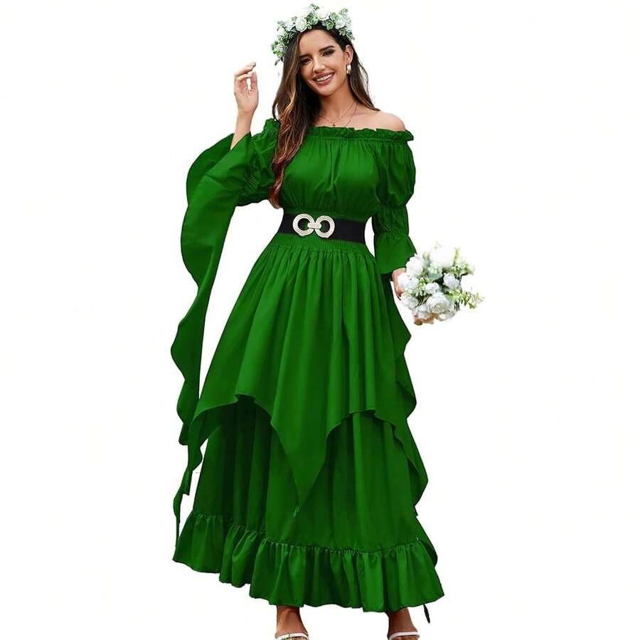 Renaissance Dress Women Victorian Medieval Gothic Witch Fairy Wedding Beige Off Shoulder Puff Sleeve Ruffle Dresses{"Color_name":"05-Green","Size_name":"XX-Large/3X-Large"} - 05-綠色 - 查看 1