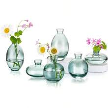 Jarrones de vidrio con brotes de 3, floreros pequeos verdes hechos a mano, jarrn de vidrio para arreglos florales, pequeo centro de mesa para casa, oficina, boda, eventos, decoracin - 2 juegos (6 piezas) + Verde - Ver 2