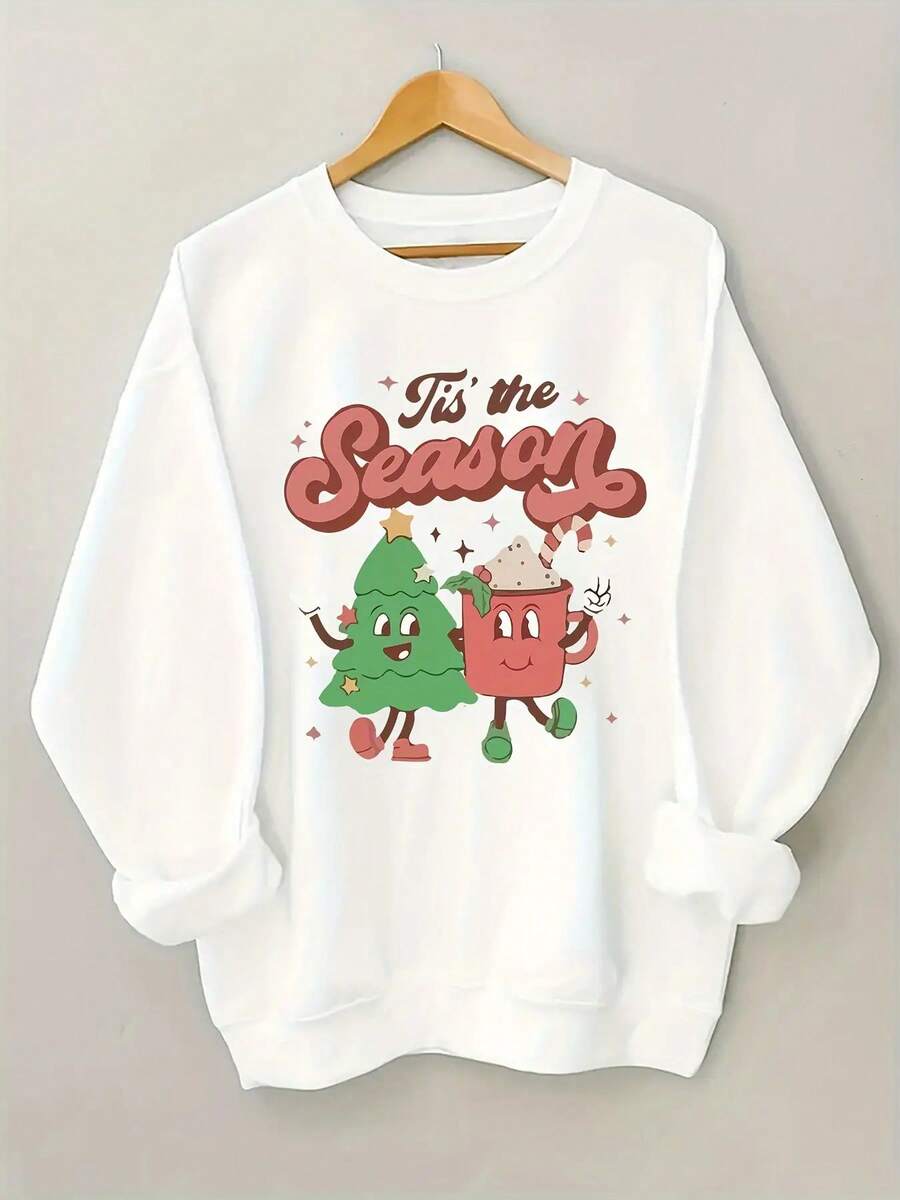 SeaDan Women's  Christmas Graphic Sweatshirt - Vibrant Pink Holiday Pullover With "Tis The Season" Print, Cartoon Tree & Hot Cocoa Design, Cozy Round Neck Casual Winter Top, Christmas Sweatshirt, Festive Clothing, Machine Washable Clothing - 白色 - 查看 1
