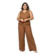 Conjunto Feminino Regata E Pantalona Plus Size conpl-0039 - Marrom - Visão 3