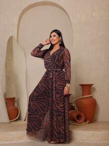 Long Sleeve Micro Tulle Zebra Print Pantaloon Jumpsuit - 棕色 - 查看 3