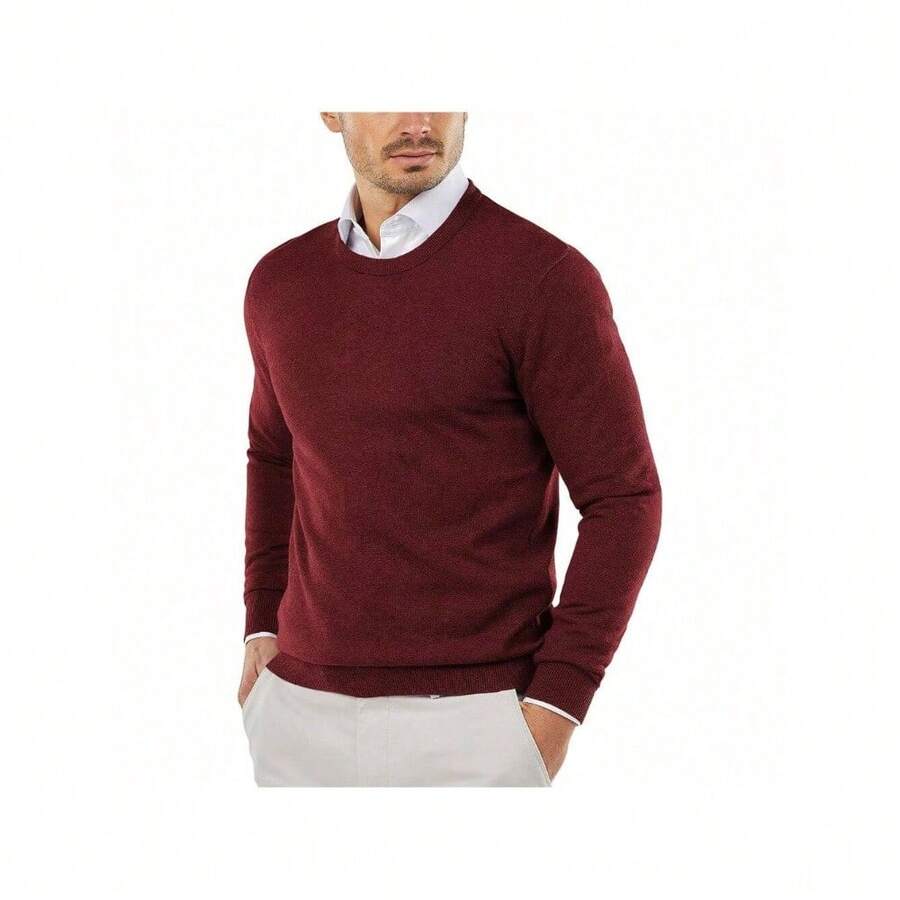 Men's Crew Neck Sweater Slim Fit Lightweight Sweatshirts Knitted Pullover For Casual Or Dressy Wear - 酒紅色 - 查看 1