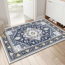 Soft Neutral Area Rugs 5x7, Washable Rug With Non Slip Backing, 5 X 7 Faux Cashmere Low-Pile Carpet, Cream White & Blue & Light Brown,  2025 Design - Blue & Gold - View 1