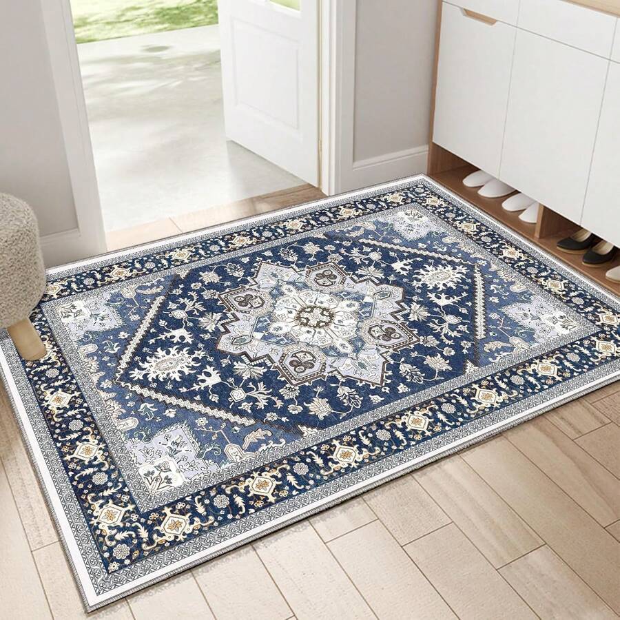 Soft Neutral Area Rugs 5x7, Washable Rug With Non Slip Backing, 5 X 7 Faux Cashmere Low-Pile Carpet, Cream White & Blue & Light Brown, 2025 Design - Blue & Gold - View 1
