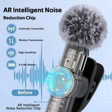 高品质专业无线领夹式麦克风，智能降噪，全向电容式，带防风罩，二合一无线领夹式麦克风，用于录制内容、直播、采访、歌曲录制、播客、采访和视频博客 - USB Type-C，可充电 60mAh 锂电池，2.4G/3G/4G/5G 连接，采访录音 | 无线麦克风 | 全向拾音 | 便携式无线麦克风 | 智能手机麦克风