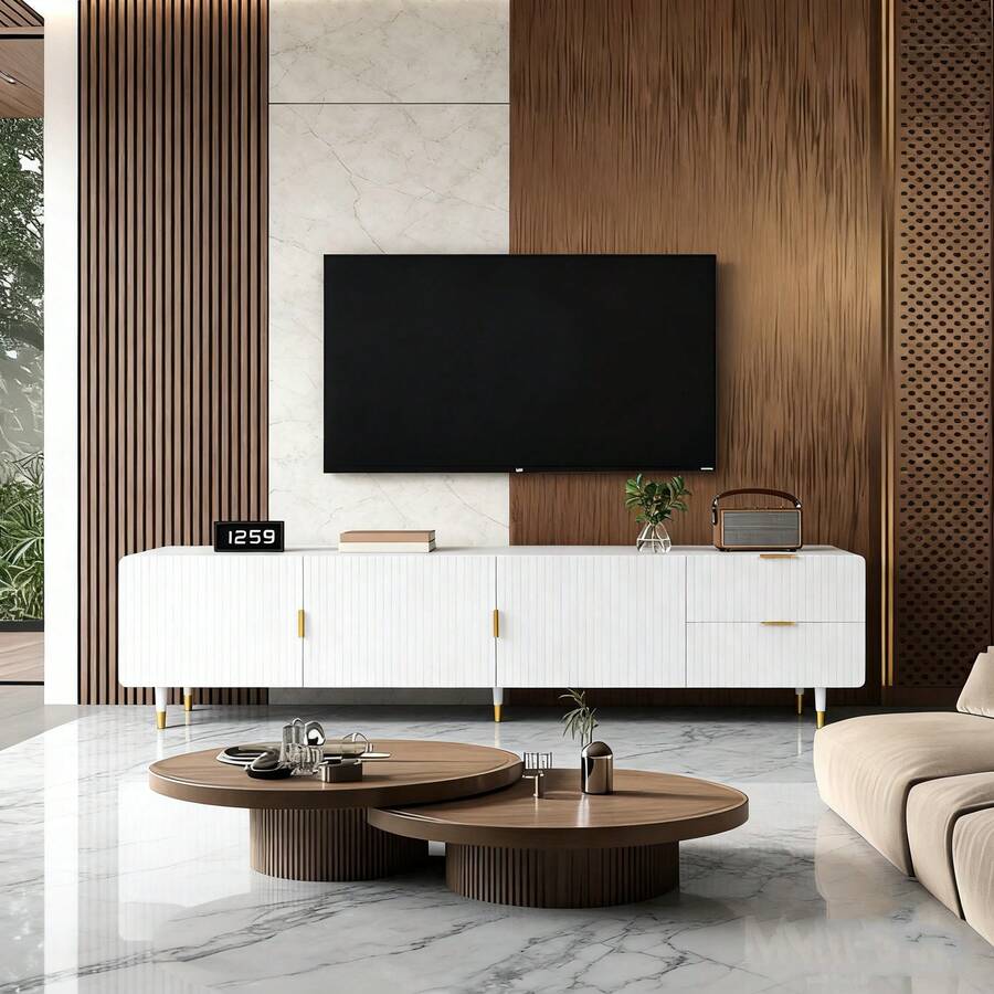 Meuble TV avec tiroirs et touches dorées – Meuble TV avec pieds réglables, portes avec étagères et poignées/pieds dorés