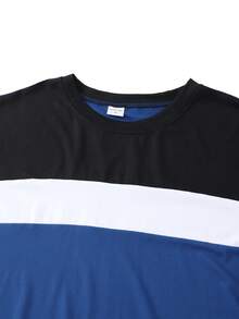 Spring & Autumn New Color Block Casual Sporty Homewear Loose Basic Long Sleeve Round Neck T-Shirt - Royal Blue - View 3