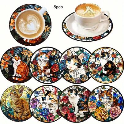 8-Pack Cat Pattern Wooden Potholders - Colorful, Artistic Home Decor Beverage Mats, Heat-Resistant And Non-Slip, Suitable For Mother's Day And Holiday Gifts, Great For Coffee Tables, Bars And Glassware