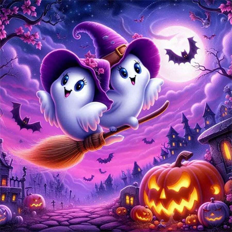 1 Stück Halloween Cartoon Geist Diamant Malerei DIY Vollbohrung Dekorative Malerei, Kürbis Schloss Nachtszene Diamant Kunst