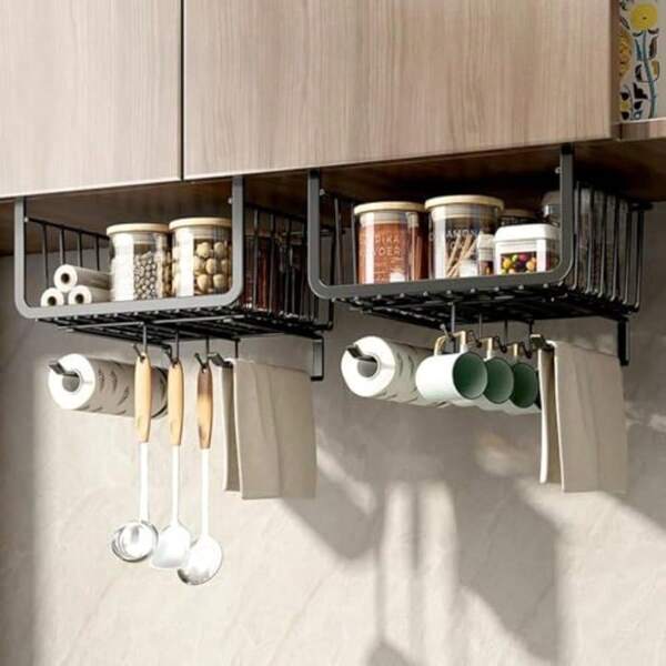 AnnuoYi Mug RackKitchen Storage Rack Stainless Steel Non Flushing Cup Hook Under The Cabinet Paper Towels Cups Towels Utensil Hanger Kitchen