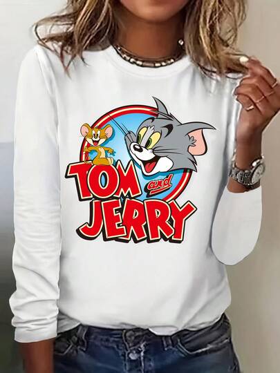 Warner Bros Camiseta de manga larga de mujer con estampado de imagen de la película de la serie Warner Bros, Jerry y Tom, cuello redondo, moda, material de fácil cuidado, adecuado para uso diario, ropa de mujer, camiseta de mujer, otoño