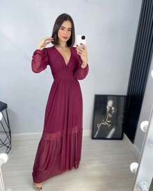 Women's Long Tulle Dress With Long Sleeves For Wedding Party - rượu - Xem 2