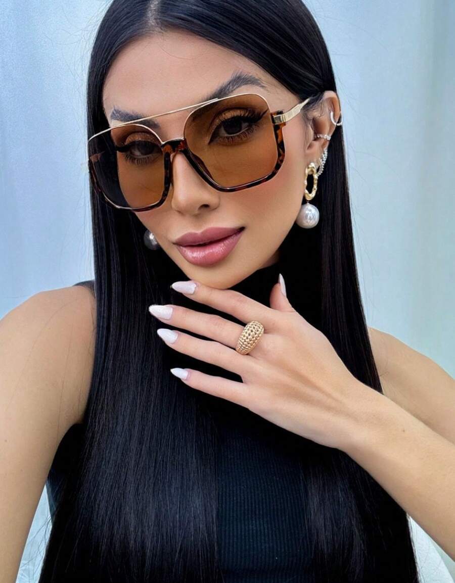 Oculos de sol quadrado Feminino Masculino meia armação Metal elegante e moderno blogueira Proteção UV - Livia - marrom com onça - Visão 1