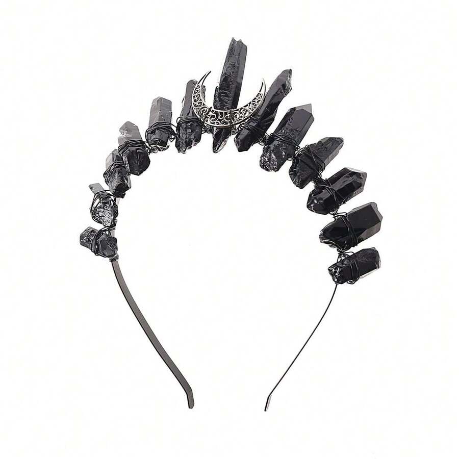 Bubbmi Women Black Crystal Crown Headband, Raw Quartz Tiara Moon Goddess Witch Wiccan Headpiece For Halloween Cosplay Masquerade Party{"Color_name":"BlackSingleMoon"} - FBlackssingleMoon - Xem 1
