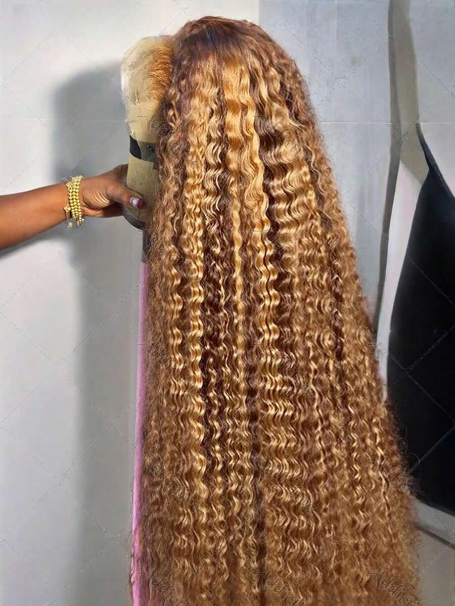 Honey Blonde Lace Front Wig 13x6 HD Deep Wave Lace Front Wigs Human Hair 250% Density Highlight Curly Human Hair Wig Pre Plucked Glueless Ombre Lace Front Wig Brazilian 4/27 Brown Colored Human Hair Wig For Women