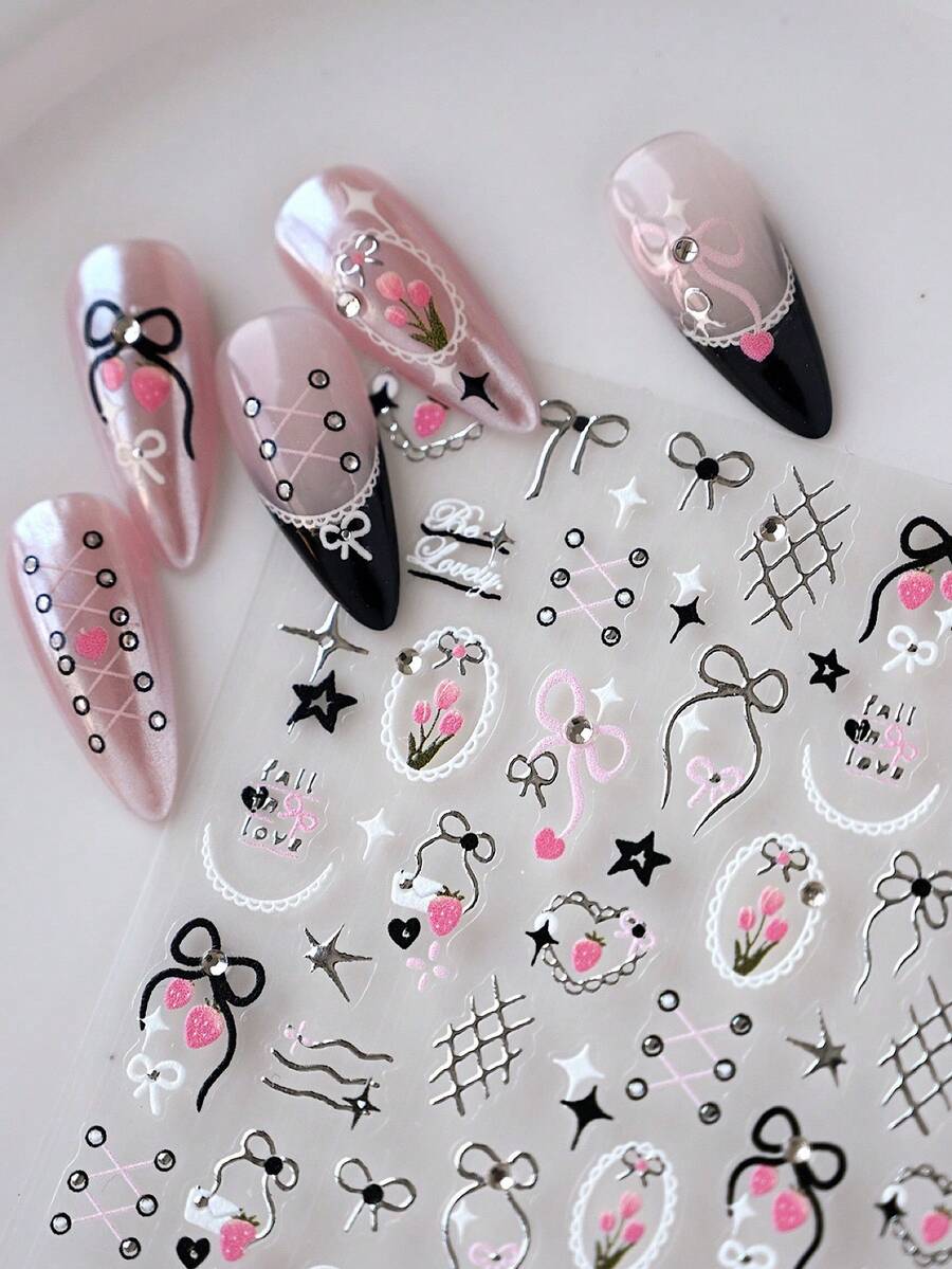 1张甜美酷炫蝴蝶结美甲贴纸，3D立体压纹黑粉星形、草莓、爱心图案美甲贴，女士自粘美甲装饰，可重复使用Y2K哥特风美甲贴纸，节日美甲礼物佳选