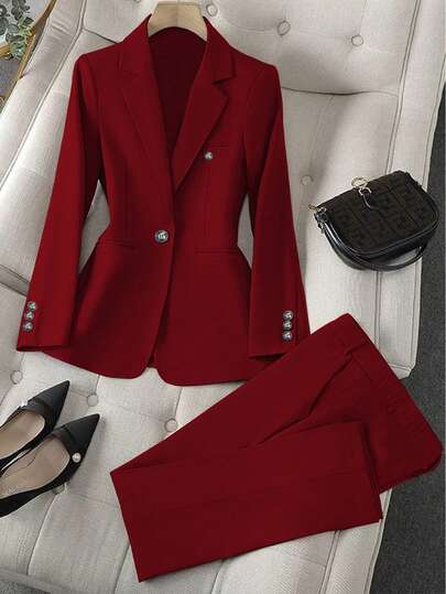 Solid Color Single Button Long Sleeve Single-Breasted Waistcoat Suit Pants Two-Piece Set