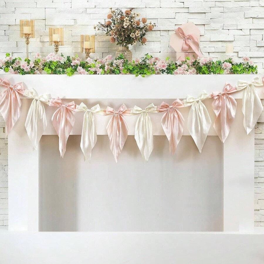 1 PCS White Pink Bow Garland, Satin Ribbon Hanging Party Bow Garland Decoration Birthday Shower Wedding Party Supplies - Pink White - View 1