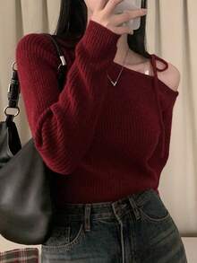 不对称露肩系带蝴蝶结设计百搭针织毛衣上衣，女士休闲时尚，圣诞节