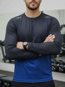 Men's Gradient Long Sleeve Sports T-Shirt, Gym Running Training Athletic Top, Autumn/Winter - Black - View 4