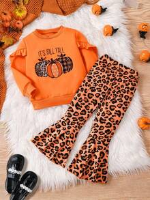 Girl's Halloween Costume Pumpkin Leopard Print Long Sleeve Crew Neck ...