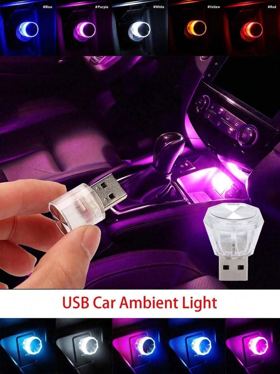 1 件车载 USB 氛围灯，迷你便携式 LED 氛围装饰灯，派对环境造型灯，适用于汽车内饰配件，紫色/蓝色/白色/红色
