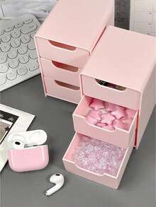 三合一迷你抽屉收纳盒（长：13厘米，宽：9厘米，高：8厘米），收纳架，桌面抽屉整理器，塑料桌面收纳抽屉，桌面首饰盒，透明配件和首饰抽屉盒，办公桌收纳盒，带3个隔层 - 粉色 - 查看 6