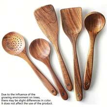 Juego de 7 utensilios de cocina de madera - Incluye cuchara, espátula, cucharón - Herramientas de cocina, adecuadas para reuniones familiares y fiestas, hechas de madera de teca, de alta gama, de buena calidad