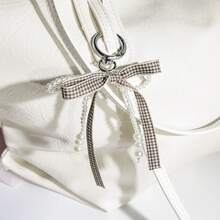 1pc Plaid Bow Keychain With Beaded Detail, Chic Cell Phone Accessory, Simple Bow Design Metal Keyring With Imitation Beads And Charm, Cartoon-Themed Decorative Ladies Ring With Ring