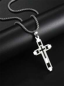 1 Stück klassische große Edelstahl Herren Halskette mit Kreuzanhänger, Cut Out Kreuzanhänger, religiöser Gebets-Kirchen-Jesus Amulett Schmuckgeschenk