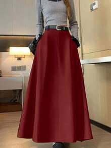 Solid Color High Waist Skirt With Pockets On Both Sides And Wide Hem - 酒紅色 - 查看 1