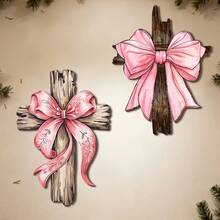 1pc Christian Wooden Sign - Pink Bow Room Decor, Bow Bible Verse Decoration, Inspirational Christian Gift (For Women), 12*8 Inches - Multicolor - View 2
