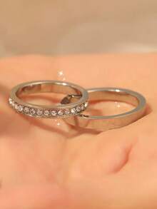 Pair Of Engagement Rings + Solitaire Ring | Studded Half Wedding Ring And Plain Square Silver Engagement Ring For Couples 4mm - 1 MỘT PHẦN CỦA SEM SOLITÁRIA - Xem 1