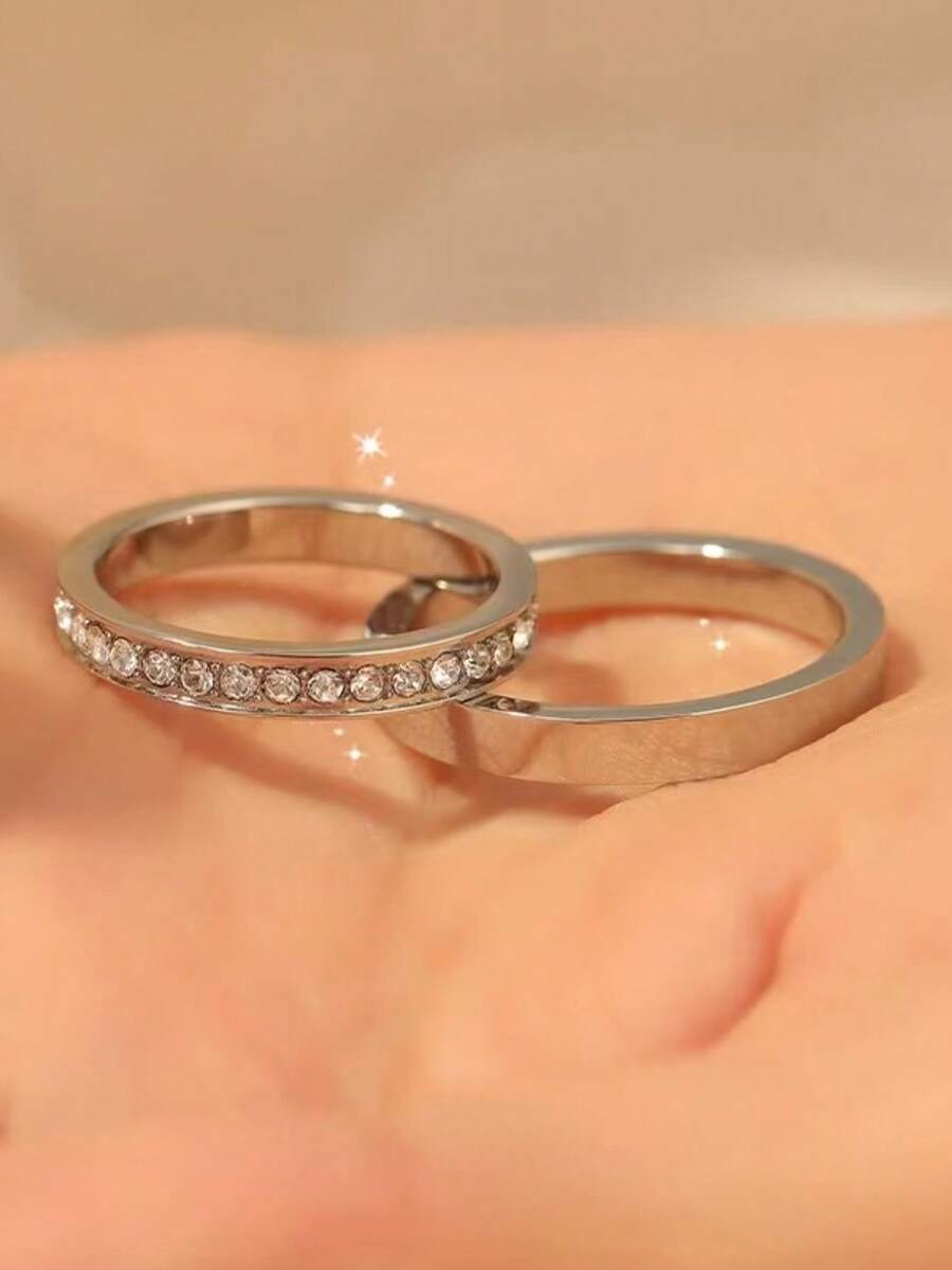 Pair Of Engagement Rings + Solitaire Ring | Studded Half Wedding Ring And Plain Square Silver Engagement Ring For Couples 4mm - 1 MỘT PHẦN CỦA SEM SOLITÁRIA - Xem 1