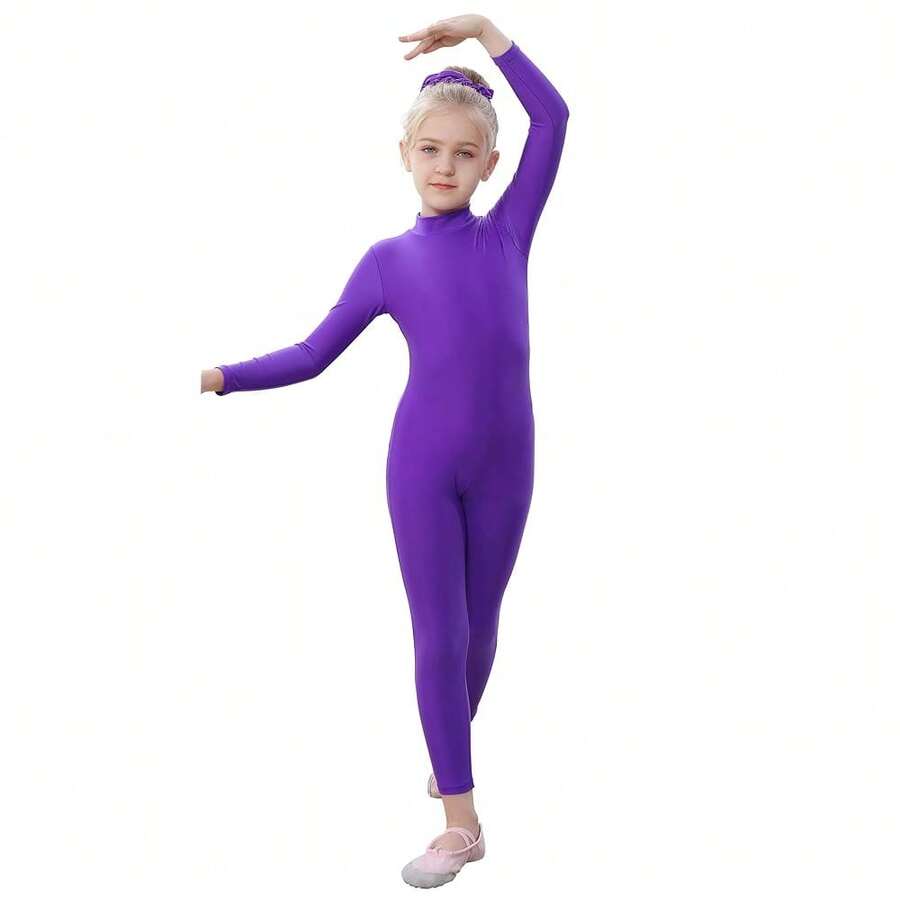 YgneeDom Kids Girls One Piece Spandex Unitards, Long Sleeve Turtleneck Unitard, Full Body Catsuit, Dance Leotard Costumes{"Color_name":"Purple","Size_name":"Small"} - 紫色 - 查看 1