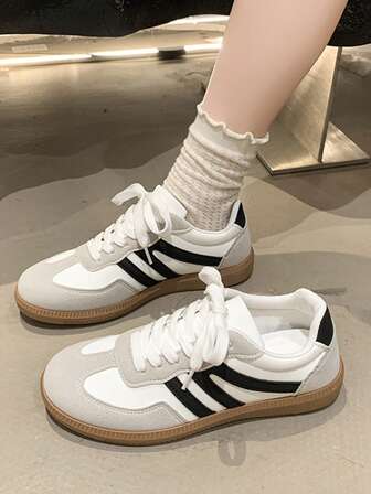 Contrast Color Solid Preppy Casual Gym Sneakers For Women, Lace-Up Patchwork Flat Retro Casual Outdoor Running Shoes, Spring/Summer/Autumn