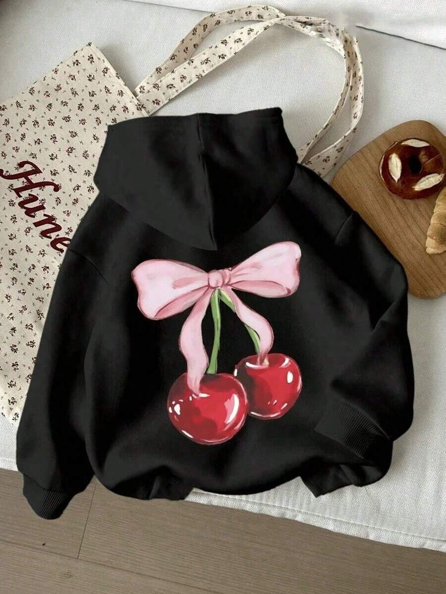 Sudadera con capucha y bolsillo, estampado Cerezas moño Hoodie mujer - Negro - Ver 1