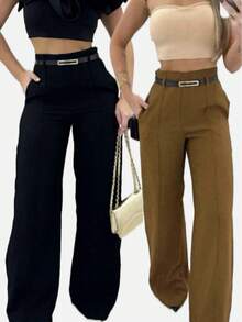 Kit Of 2 Women's Tailored Wide Leg Pants With Belt - 黑色/焦糖色 - 查看 4