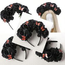 Mexican Black Rose Flower Crown Mexican Floral Headpiece Death Of The Day Dark Rose Flower Headband With Butterfly For Dia De Los Muertos Costume Halloween Festival Party Hair Accessories