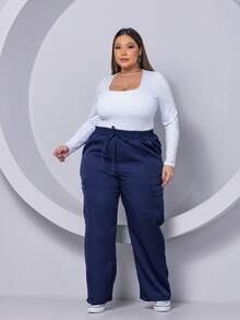 PLUS SIZE WIDE LEG HIGH WAIST PANTS WITH CARGO POCKET - Màu xanh hải quân - Xem 4