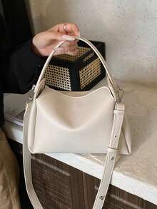 女士手提包，时尚简约商务休闲托特包，优雅单肩包，黑色水桶包 - 白色 - 查看 3