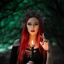 Halloween Halo Crown Gothic Black Roses Spiked Sun Headpiece Mexican Day Of The Dead Flower Goddess Headband For Women Halloween Cosplay Make Up Accessories