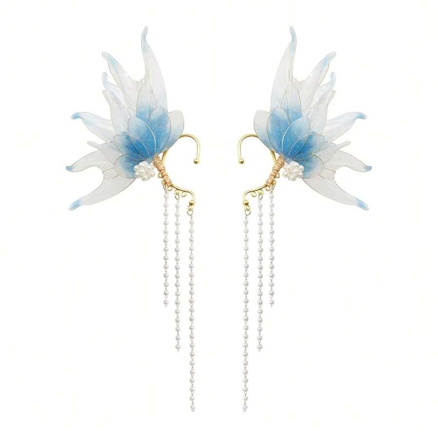 Stunning Mermaid Elf Ear Cuffs With Pearl Tassel, Non Piercing Elven Wrap Clip On Earring For Anime Cosplay Costumes, Halloween Mermaid Accessories Women Men{"Color_name":"Blue","Size_name":"OneSize"} - Màu xanh da trời - Xem 1